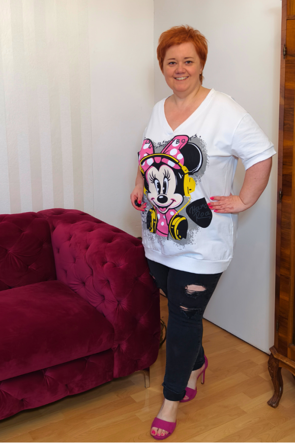 Plus size tričko/tunika s Minie potlačou - biele